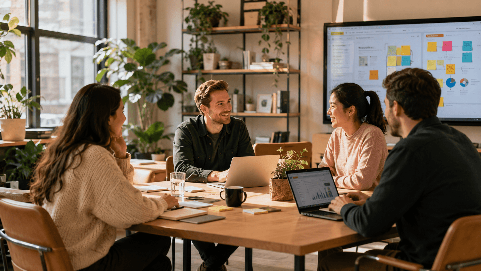 Warm, collaborative modern workspace with natural light and plants