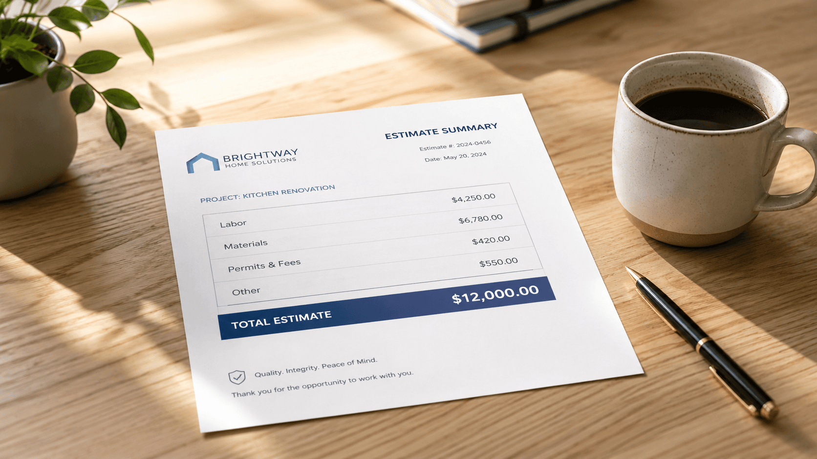 Clean desk with printed estimate summary and clear pricing, a cup of coffee nearby