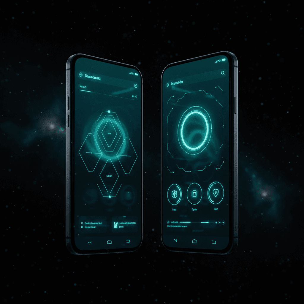 Two dark-themed mobile phones with glowing UI